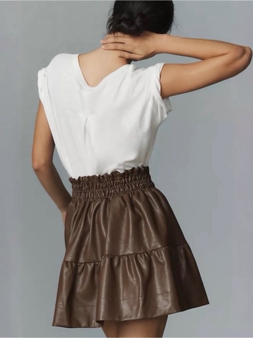 Anthropologie Somerset Faux Leather Mini Skirt Brown Smocked Waist Small NWT - Picture 4 of 5
